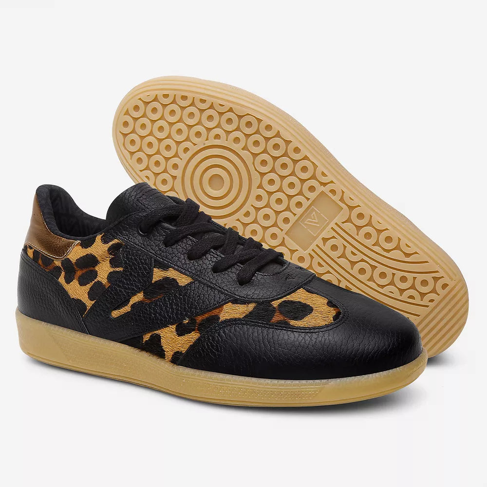 Sneakers de mujer en piel negra y leopardo Vittal Estela