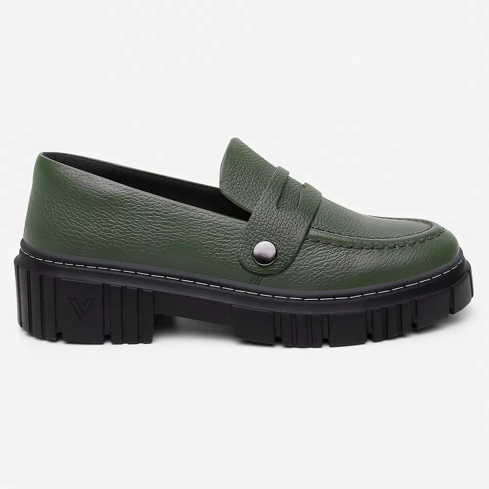 Mocasín de mujer Tractor Piel verde con 3 hebillas extraíbles