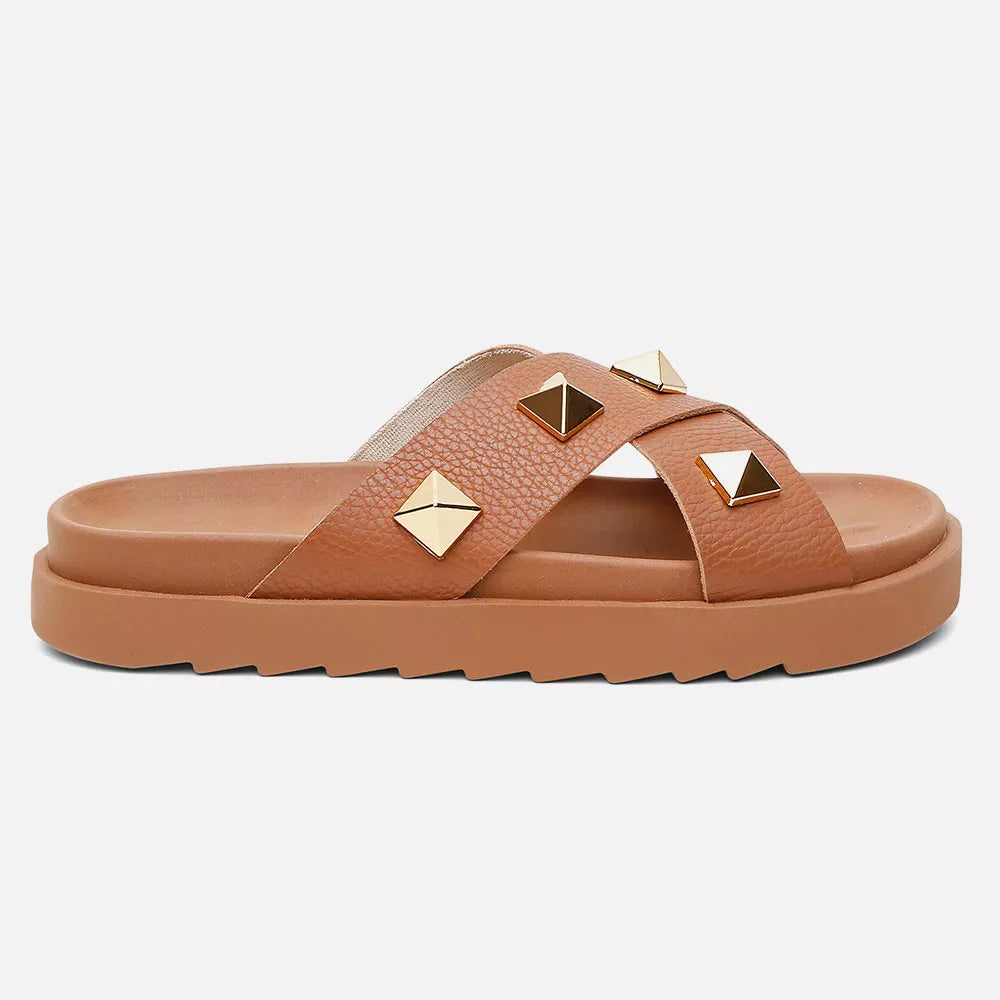 Sandalia Birken de mujer en piel Vittal Marina Caramelo Tiras cruzadas con brillantes